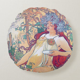 Herbst (Vier Jahreszeiten), Alphonse Mucha Kissenb Rundes Kissen
