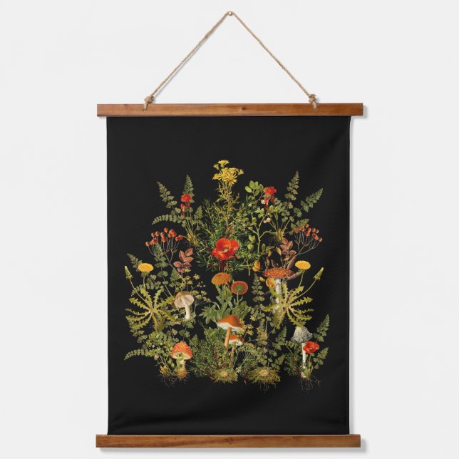 Herbst Vintage botanische Wildblumen Pilze Wandteppich Mit Holzrahmen (Vorderseite)