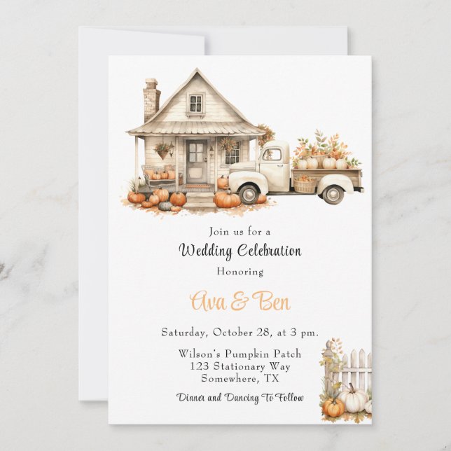 Herbst Vintager LKW mit Pumpkins House Wedding Einladung (Vorderseite)