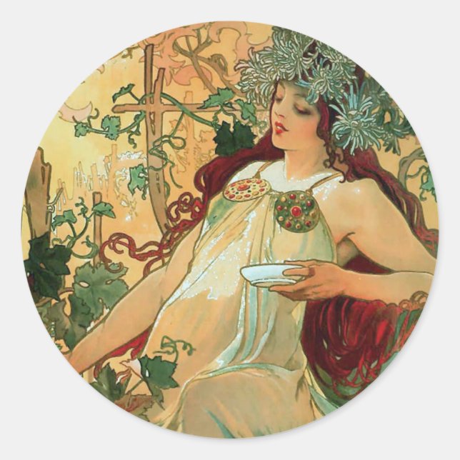 Herbst von Alphonse Mucha Jugendstil Sticker (Vorderseite)