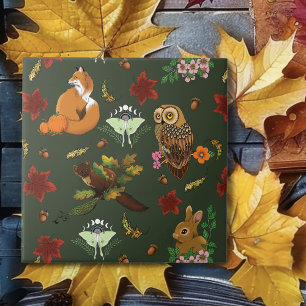Herbst-Wald-Forsttiere Grünes Muster Fliese