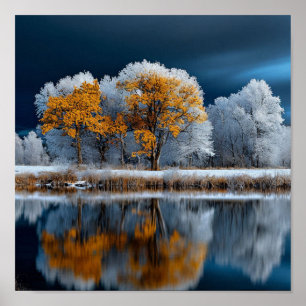 🍂 Herbst Wald Schneeiger See Winter Übergang Poster
