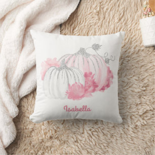 Herbst Wasserfarbe Glitter Kürbis Rosa Weiß Kissen