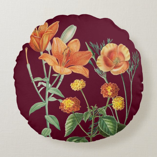 Herbst Wasserfarbe Orange Blumenburgund Rundes Kissen (Vorderseite)