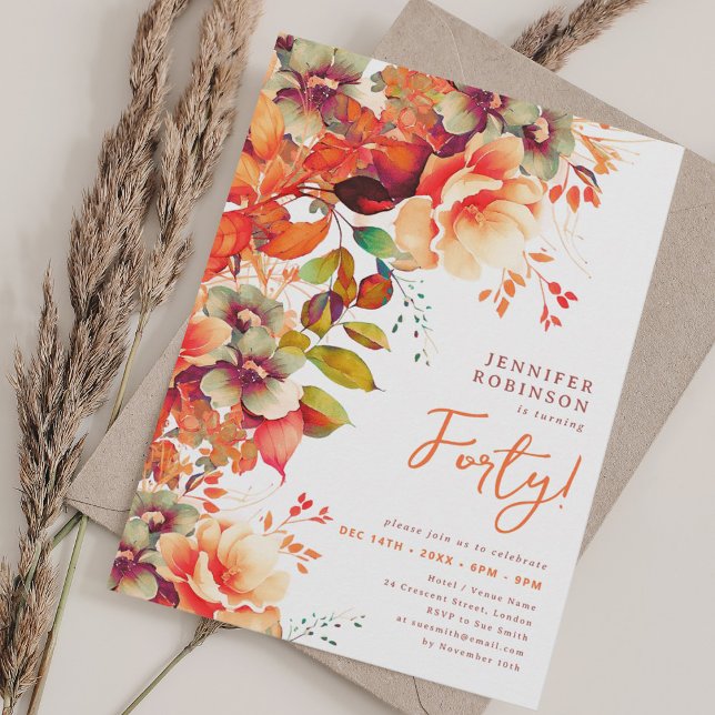 Herbst Wasserfarbenflora 40. Geburtstag Einladung (Fall Autumn Watercolor Floral 40th Birthday Invitation)