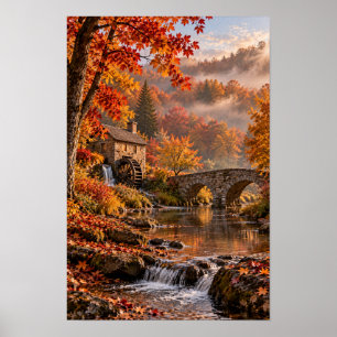 Herbst-Wassermühle Steinbrücke Bach Wandkunst Poster