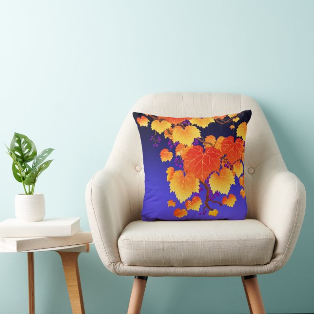 Herbst Weinrebe Orange Gold Blätter Blau Kissen (Stuhl )