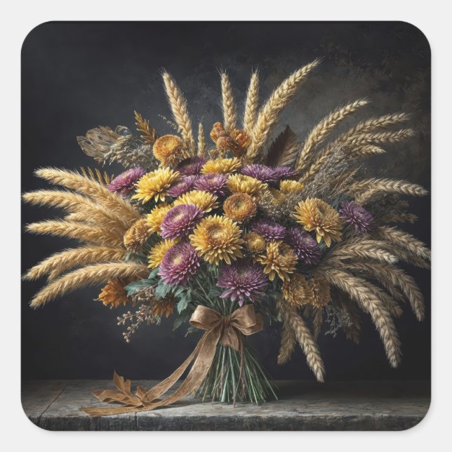 Herbst Weizenhalme und Mum Bouquet Quadratischer Aufkleber (Vorderseite)