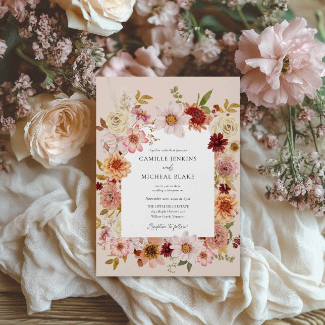 Herbst-Wildblume Boho Wedding Einladung (Elegant Autumn Floral Photo Wedding Invitation)
