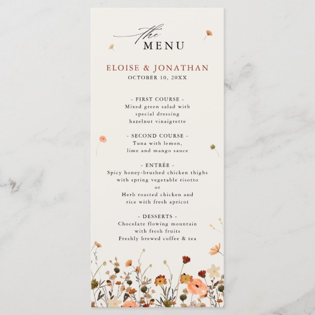 Herbst Wildblume Garden Floral Boho Hochzeit Menükarte (Vorderseite)