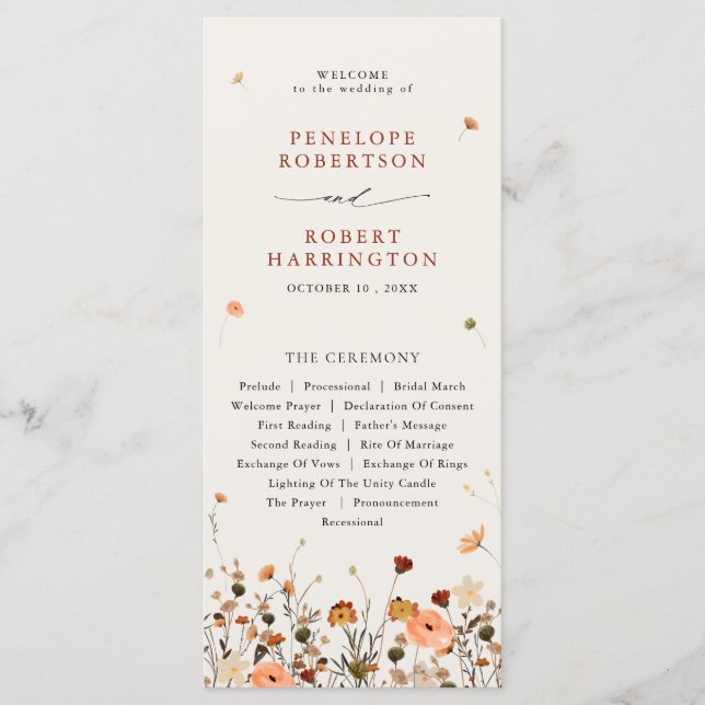 Herbst Wildblume Garden Floral Boho Hochzeit Programm (Vorderseite)