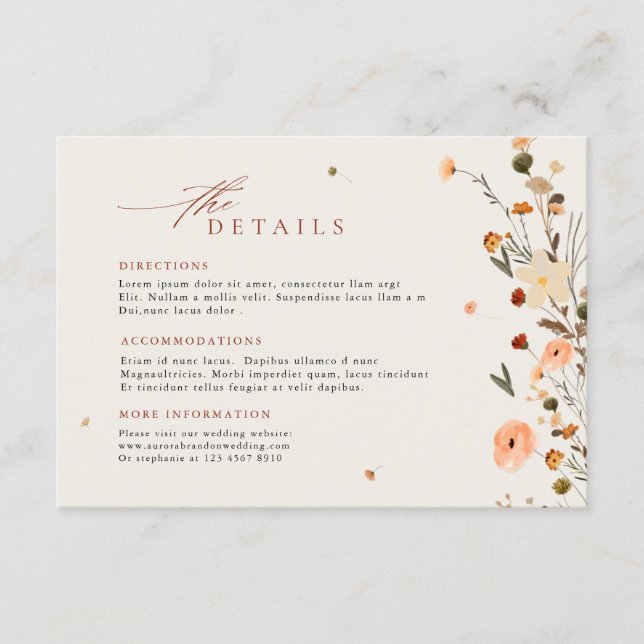 Herbst Wildblume Garden Floral Boho Hochzeitdetail Begleitkarte (Vorderseite)