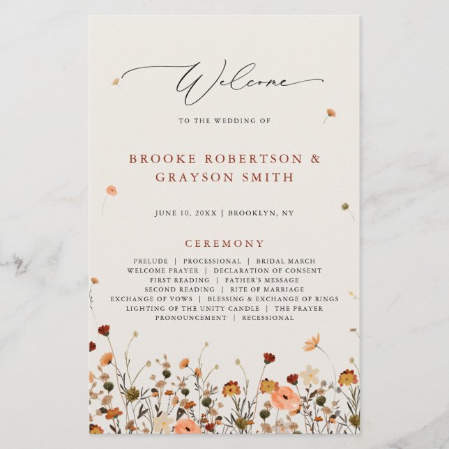 Herbst Wildblume Garden Floral Boho Hochzeitsprogr (Vorderseite)