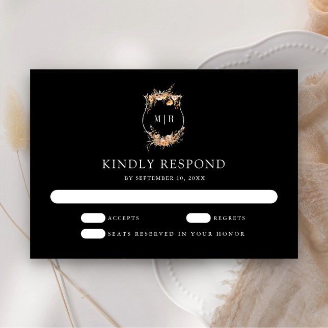 Herbst Wildblume Wappen Schwarze Hochzeit RSVP Karte (Von Creator hochgeladen)