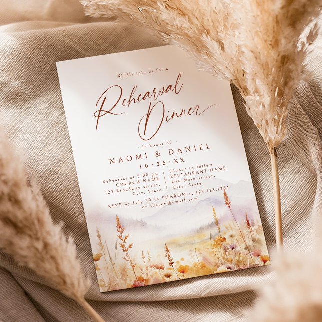 Herbst-Wildblumen-Berg-Rustikale-Probeessen Einladung (Fall Wildflower Mountain Rustic Rehearsal Dinner Invitation)