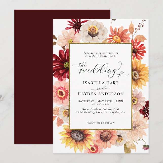 Herbst-Wildblumen Burgundy Gold farbenfrohe Hochze Einladung (Vorne/Hinten)