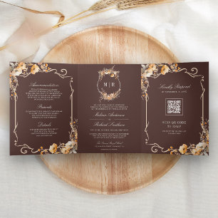 Herbst-Wildblumen-Espresso-Braun-QR-Code-Hochzeit Dreifach Gefaltete Einladung