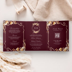 Herbst-Wildblumen-Kamm Burgunder QR-Code-Hochzeit Dreifach Gefaltete Einladung