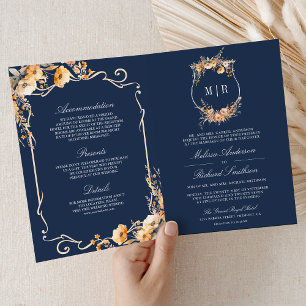 Herbst-Wildblumen-Kamm Navyblau QR-Code-Hochzeit Einladung