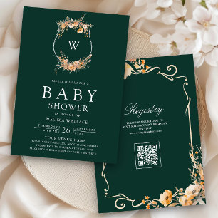 Herbst-Wildblumen-QR-Code Smaragdgrüne Babyparty Einladung