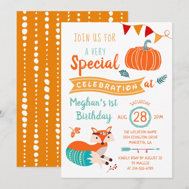 Herbst Woodland Fox Pumpkin Geburtstag Einladung (Vorne/Hinten)