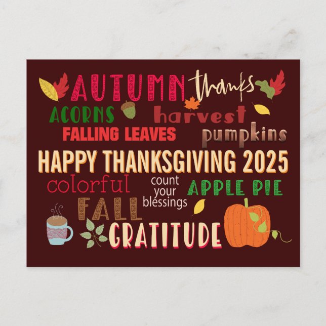 Herbst WordArt Happy Thanksgiving 2024 Braun Postkarte (Vorderseite)