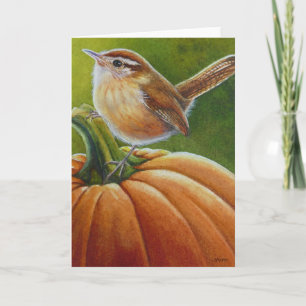 Herbst-Zaunkönig auf orangefarbenem Kürbis Aquarel Karte