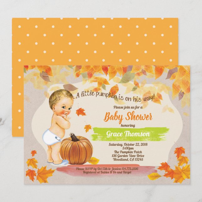 Herbstangenjunge Dusche Vintagen Retro-Kürbis Einladung (Vorne/Hinten)