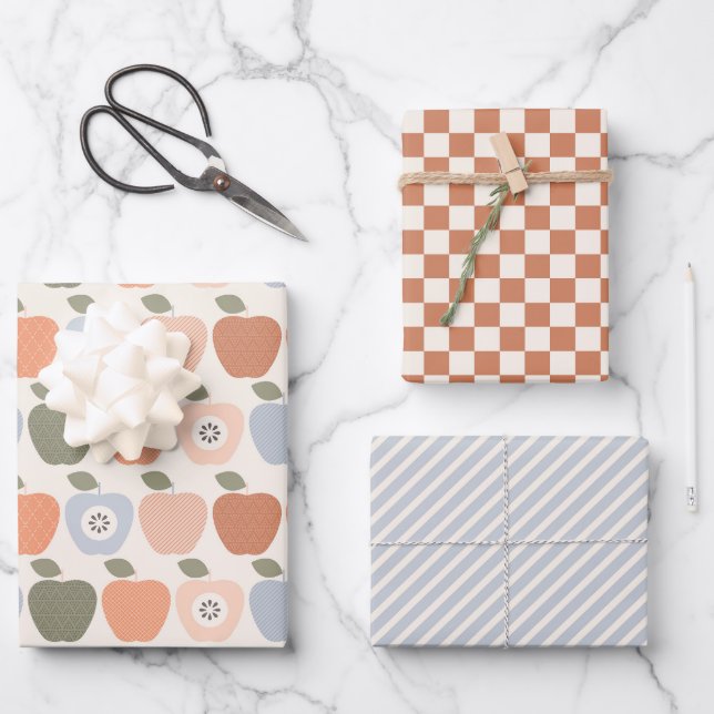Herbstäpfel mit Karos und Streifen Geschenkpapier Set (Vorderseite)