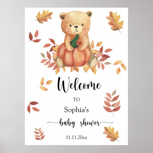 Herbstbär mit Pumpkin - Begrüßungsbaby-Dusche Poster (Vorne)