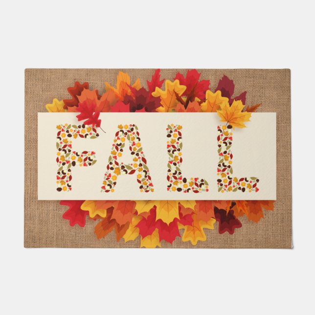 Herbstbauernhaus farbige Herbstblätter auf Burlap Fußmatte (Vorderseite)