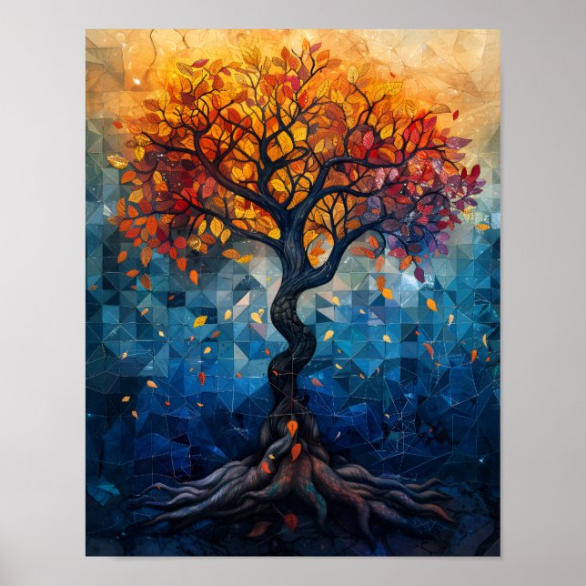 Herbstbaum-Mosaik-Geometrie-Glanz-Kunst Poster (Vorne)