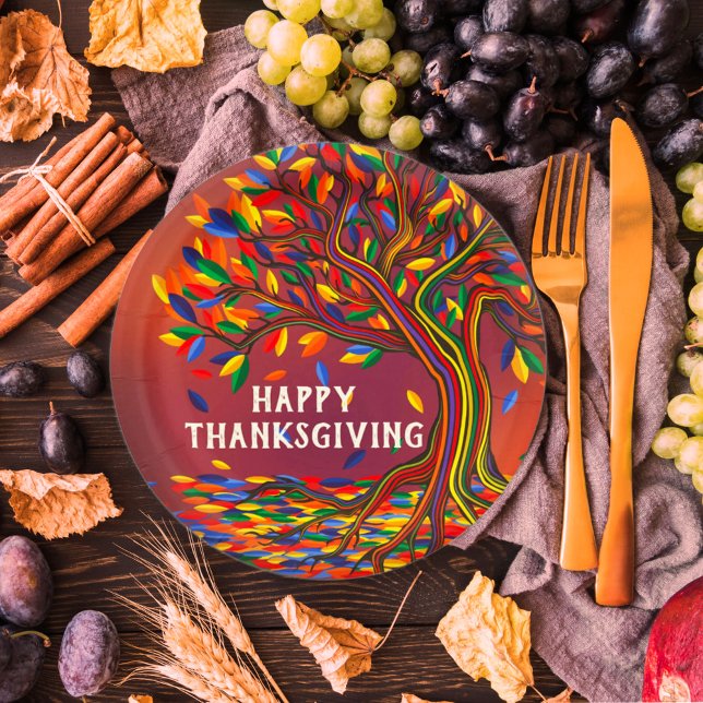 Herbstbaum Personalisiert glückliches Thanksgiving Pappteller (Von Creator hochgeladen)