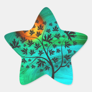 Herbstbaum und Erntemond Stern-Aufkleber