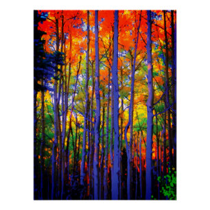Herbstbäume mit blauen Stämmen und orangen Blätter Poster