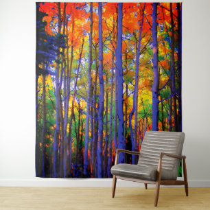 Herbstbäume mit blauen Stämmen und orangen Blätter Wandteppich