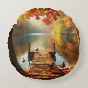 Herbstbäume & See mit Enten Rundes Kissen