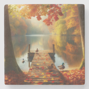 Herbstbäume & See mit Enten Steinuntersetzer
