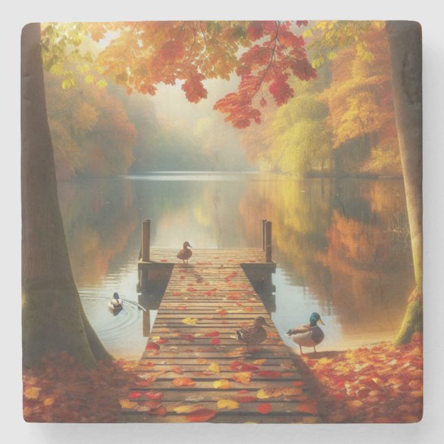 Herbstbäume & See mit Enten Steinuntersetzer (Vorderseite)