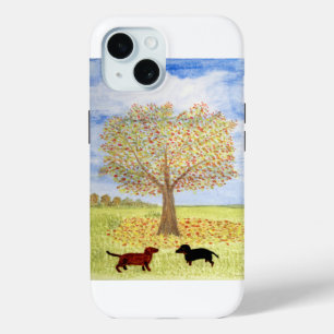 Herbstbaummalerei mit Hunden der Dackel iPhone 15 Hülle