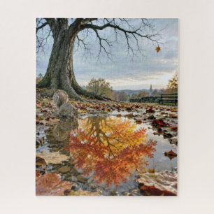 Herbstbaumspiegelung in einer Pfütze mit Eichhörnc