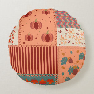 Herbstblatt-Eicheln-Patchwork-Muster-Kunst Rundes Kissen