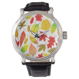 Herbstblätter, Aquarellfarbe weiß Armbanduhr