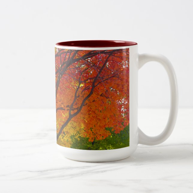 Herbstblätter aus Gelb- und Orangenbäumen, Foto Zweifarbige Tasse (Rechts)