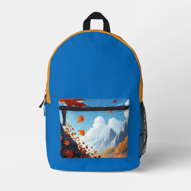 Herbstblätter blau-orange bedruckter rucksack (Vorderseite)
