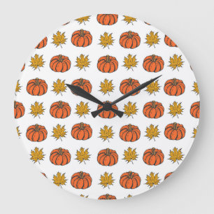 Herbstblätter: Handgezeichnetes Kürbismuster Große Wanduhr