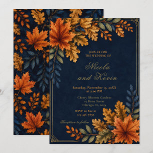Herbstblätter Hochzeit Navy Einladung