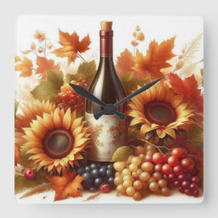 Herbstblätter, Sonnenblumen, Trauben und Wein Quadratische Wanduhr