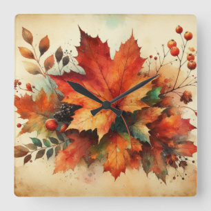 Herbstblätter vintage Aquarell Herbstfarben  Quadratische Wanduhr