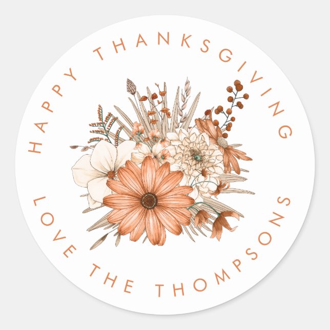 Herbstblätterung Florals Name Happy Thanksgiving Runder Aufkleber (Vorderseite)